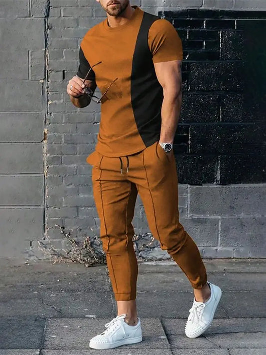 Tracksuit Short Sleeve T Shirt+Pants 2 Piece Men's Set Outfit